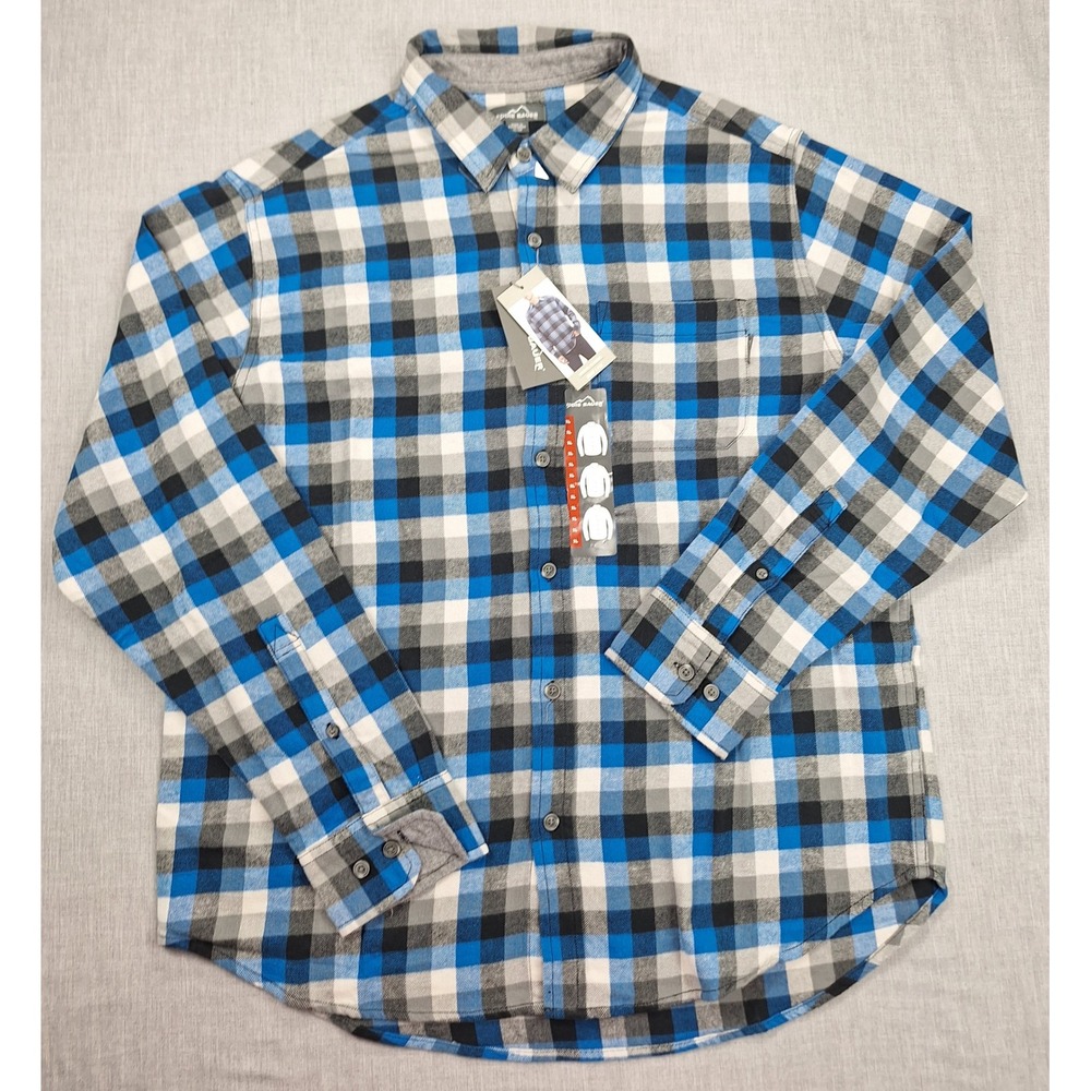 Eddie Bauer Mens XL Flannel Shirt Blue Black White Plaid Cotton Long Sleeve NEW